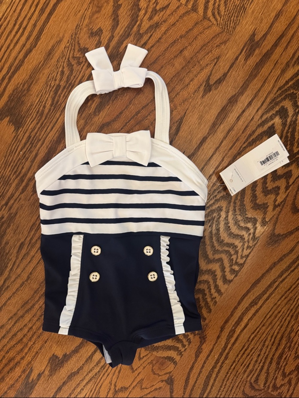 Janie and Jack Navy and White Striped One-Piece Swimsuit with Bow